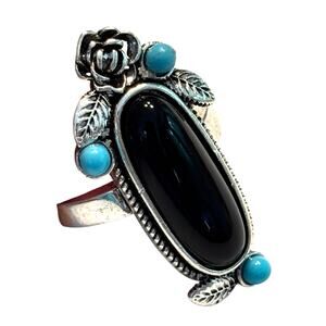 Southwestern Jewelry cocktail ring silver tone with black & blue stones size 8